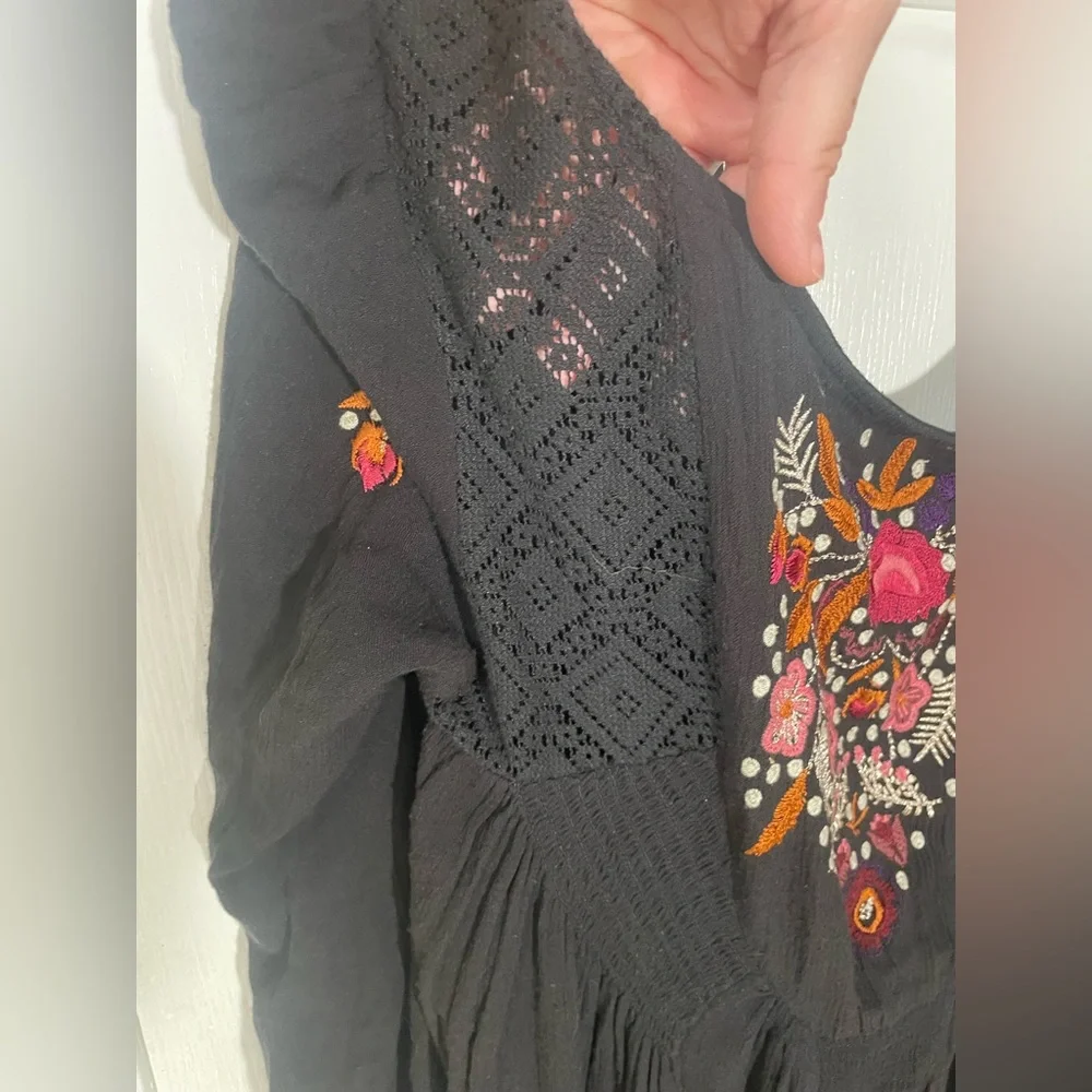 Free People Dress Size Medium Mini Black Boho Embroidered Festival Fall Lined - Picture 12 of 12
